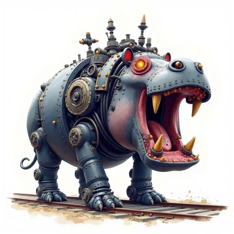 A riveted robot diesel locomotive running on rails combined with a riveted robot hippopotamus, watercolor with clear contours and strong contrast, white background