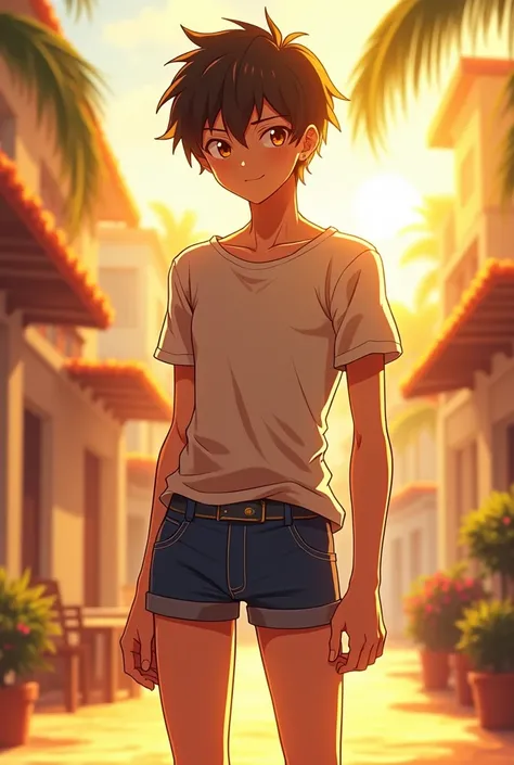 15-year-old adolescent anime boy ,  the boy wears a short shirt and very short pants, The boy&#39;s legs are long and beautiful., Her legs are very tanned, Hot summer, bulge in pants