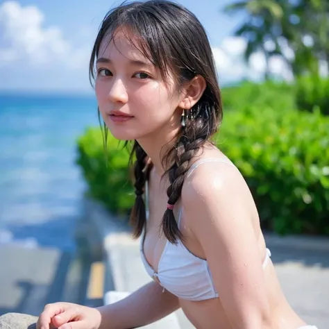 Skin color, big chest,Natural Body Shape Wet Hair, ((Two very long, thin braids:1.2)),A little slim,Laughter, (8k, RAW Photos, Highest quality masterpiece: 1.2), masterpiece super detailed, Ultra-high resolution, (realistic and photorealistic photos: 1.37)...