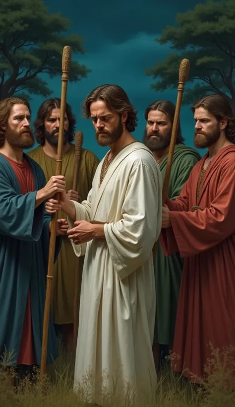  Create a young man , with a sad expression, From hair up to the middle of the neck , brown color and beard ,  dressed in white robes and long sleeves, What is he preaching to a group of men,  dressed in colored tunics  ,biblical times style,  who are hold...