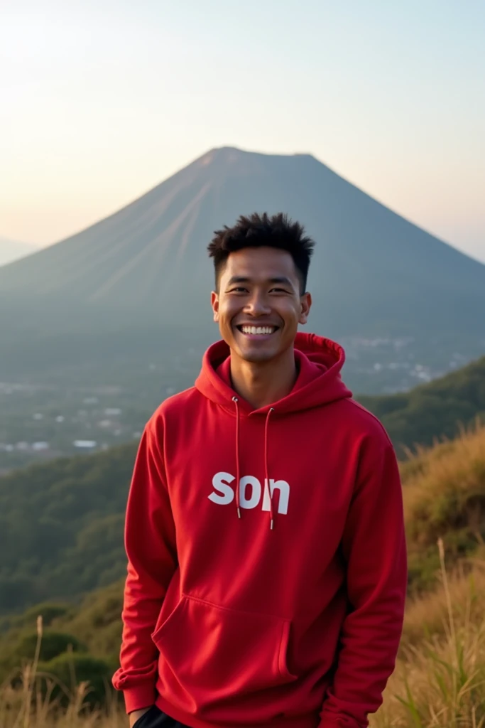  Handsome Indonesian man smiling face wearing red hoody with inscription  "son "  holding banner banner with inscription  " WELCOME TO DECEMBER " standing on a hill against the background of a very beautiful view of Mount Bromo morning atmosphere.HD qualit...