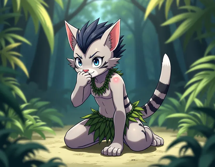 In anime animation ,  a young gray cat boy , white and black stripes  , ANTHROPOMORPHIC, that is, on two legs , in loincloths made of leaves  , That the leaves of the loincloths are smaller in quantity  , The young cat boy is kneeling  , the arm is on the ...