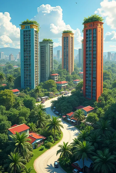 Create a town seen from above with several tall colored buildings, vertical gardens and several coconut trees and some coconut plantations, without mountains, Far from the sea 