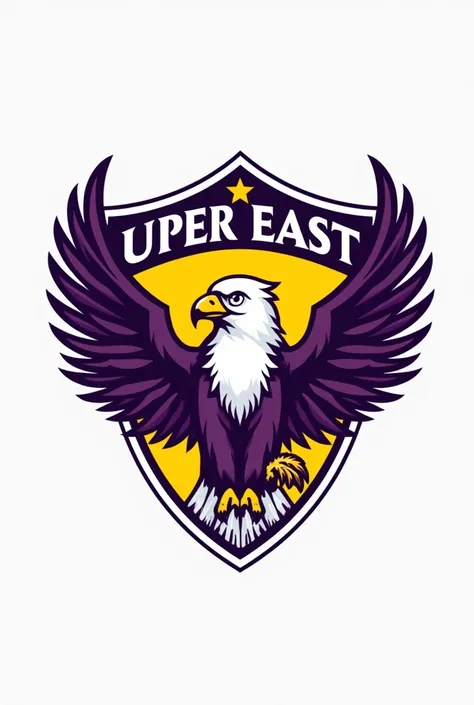 create an emblem for a school named “Upper East Scholars Academy” using the colors purple, yellow and white in which the mascot is a hawk