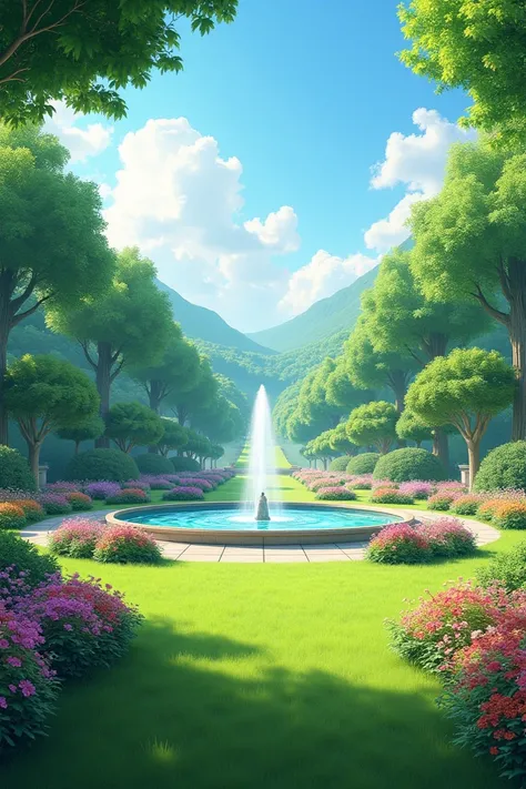 Horizontal panoramic background of a garden with a fountain in the middle and flowers and trees with grass below to put people in high quality 