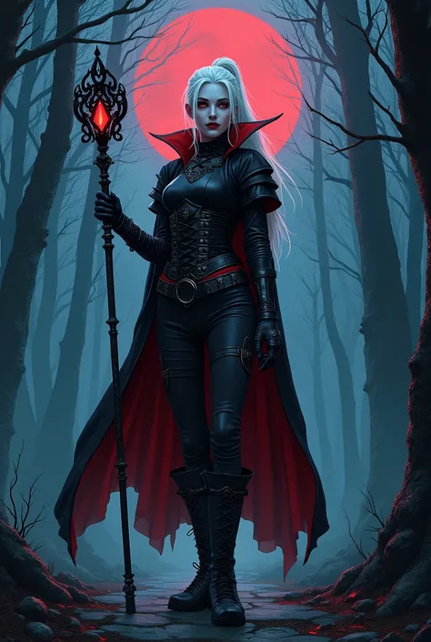 comic illustration fantasy art, gothic art, (masterpiece:1.5), Full body view, looking at the viewer. image of an vampire female assassin, holding a black metal magic staff with a small red crystal on top. Black red leather armor, , Dark pants, High black ...