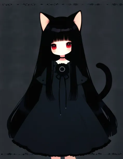 1girl, black hair, long hair, red eye, many black flower, Front View, cute, black dress, cat ear, tail