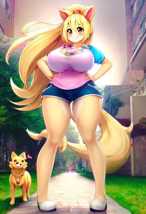 SUPER HUGE BIG BREASTS BREAST ENLARGEMENT BLUSH SMILE ONE PERSON STAND URBAN BIBKINI SHORTS FULL-BODY SHOT LOOK AT THE CAMROMA BIG,1girl, dog girl, Shizubelle , animal ears, furry female, blonde hair, tail, topknot, shirt, skirt ultra-detailed, HDR, vibran...