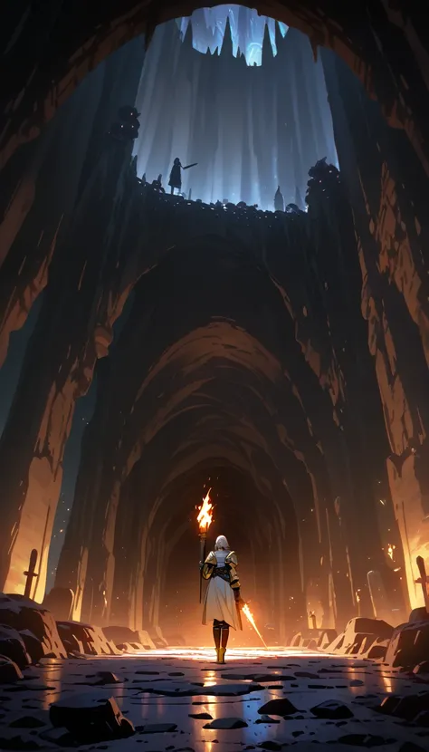 1girl,paladin concept, caves, holding torch, dim light, walking looking around the cave with full of bats,horrors, full of adventure,masterpiece, best quality, newest, absurdres, highres, 