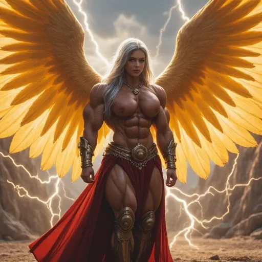 An extremely buff and pretty warrior lady with an ancient frwco-roman outfit and with massive beautiful golden valkyrie wings. She has long beautiful silver hair. Lightning surrounds her. She has huge bulging muscles with large forearm muscles. Full body i...