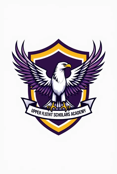 create an emblem for a school named “Upper East Scholars Academy” using the colors purple, yellow and white in which the mascot is a hawk