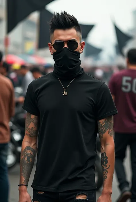  Create realistic original photo of handsome 23-year-old man figure,  tattoo on the hand of ,  black haired undercut style ,  wears a black t-shirt ,  ripped jeans ,  cool black sunglasses , and mouth cover fabric .  Standing in the crowd of motorsports al...