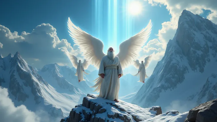 Ultra-realistic image of Epictetus surrounded by angels on top of a mountain.