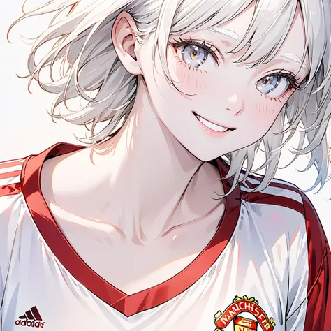    Masterpiece  ,   best quality, ((Pure white background)), Plain background,  Bent permanent   ,   slim, Albino woman  ,  white hair  , White eyelashes,White eyelashes,White Eyes, White eyebrows,  happy face,   white skin,  wear a Manchester United jerse...