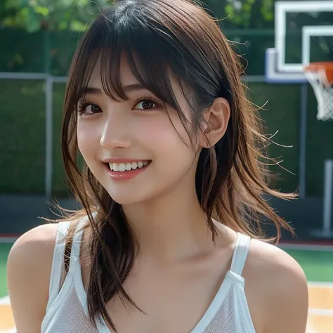 (​masterpiece, top-quality,  super A high resolution ), from side,  full body photo, (((very beautiful  girl))), cute girl playing basketball,  Japanese woman in charge of horn,  short hair ,  Very Cute Face ,  glossy lips , Double eyed , A cheerful smile,...