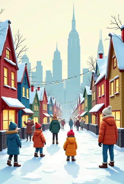 The winter cityscape is beautiful in cartoon form