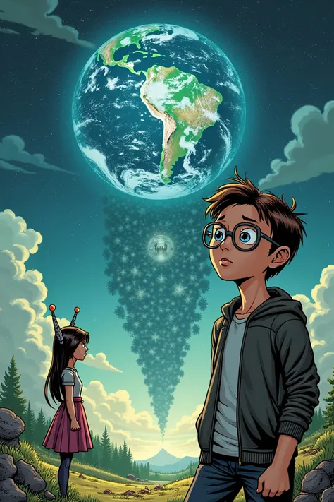 You can make a Marvel comic book image with a boy with round glasses, tall brown hair and an alien girl similar to human women, but with antennas sticking out of her hair and in the background the earth in the process of healing and also an ongoing dominat...