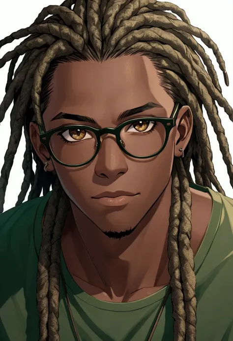 Male, darkskin, black green tipped dreads, brown eyes, black glasses, green shirt, 4K, detailed.