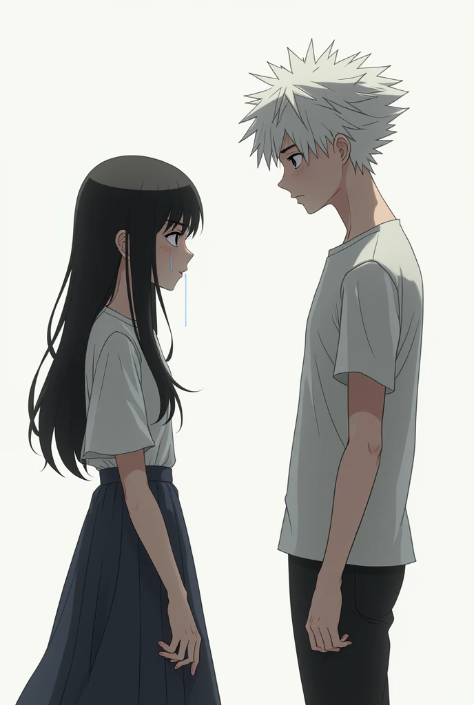 Some young people, a girl with black and white hair crying and a tall white boy with white dyed hair walking away who are separating from their relationship (3D image).

