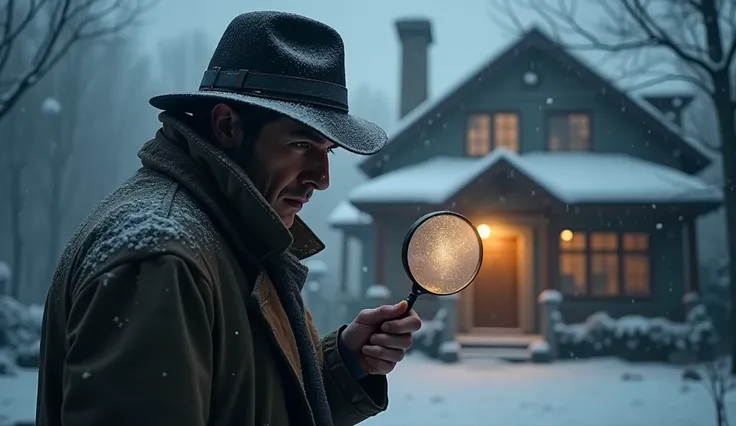 A Detective walking outside a house, in Kashmir falling snow.He has magnifying glass in his hand,make it look mysterious 