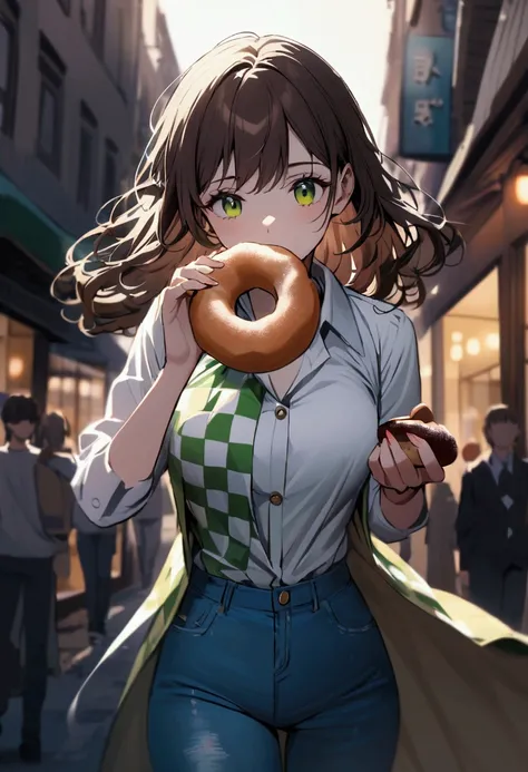 Beautiful girl with long wavy dark brown hair and green eyes , light blue pants clothing jeans white shirt inside white and green checkered dress shirt, holding a donut in one hand.