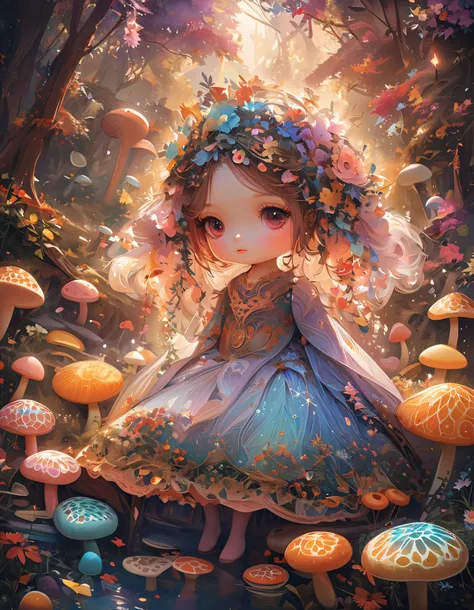  best quality, high definition ,  Masterpiece :1.2, super detailed,,photo,Hallucinogenic mushrooms, magical forest ,Glowing Mushrooms , dreamy atmosphere drifting on the surface of the water,Floating spores,Colorful vegetation,Fairy Lights,Magic patterns, ...