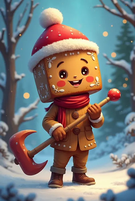 Digby boy with a square gingerbread head in a Christmas hat and a lollipop pickaxe