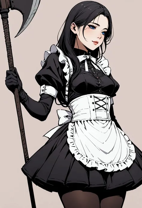 Girl. Long black hair, straight and silky. Blue eyes. Delicate features. Small breasts. Curvy waist. Lips curled into a slight smile. Wearing a combat maid outfit with long, dark pantyhose. A mole under her right eye. Is an Android. With a big scythe at he...