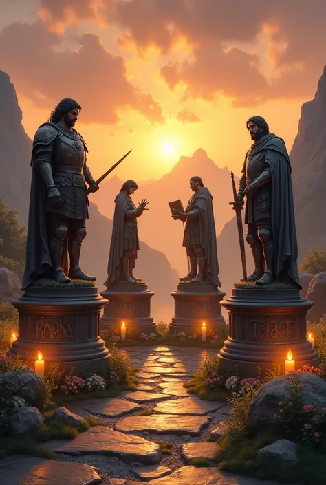  An epic scene in a fantasy setting ,  featuring a monument that pays homage to four fallen heroes ,  with majestic statues representing each one . in the center,  four statues arranged in a circle ,  each on a rustic stone base engraved with the titles : ...