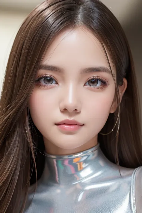   Latex Bodysuit  、Knee-high boots、face-closeup 、
Huge 、  long brown hair、  shiny  ,   oily skin  、    glowing skin  、Indoor competition pool、  white skin、Flying debris, Best Quality, Realistic,   very detailed, finely,  High image quality,  8k Dende wallp...