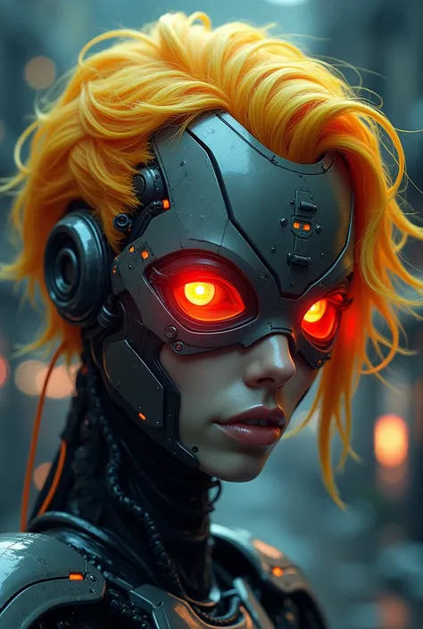 cyberpunk style robotic man face only face with robotic eyeglasses and anime yellow  orange hair red eyes human