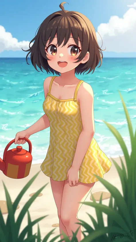 masterpiece,HD,  A cute girl ，Bangs, short hair, Natural Curl,happy，  wearing a dress swimsuit，Watering by the sea ，