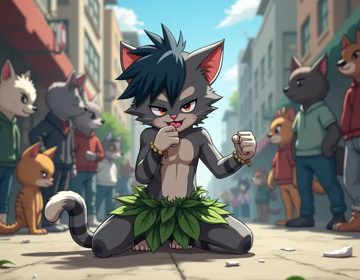 In anime animation ,  a young gray cat boy , white and black stripes  , ANTHROPOMORPHIC, that is, on two legs , in loincloths made of leaves  , That the leaves of the loincloths are smaller in quantity  , The young cat boy is kneeling  , the arm is on the ...