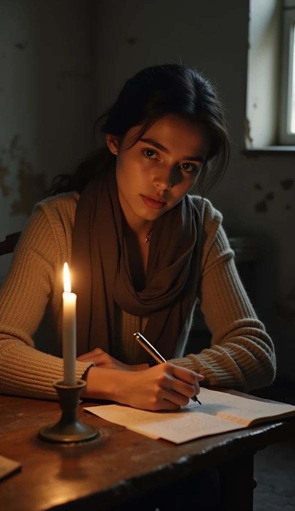 A young woman (Amira) wearing a simple yet worn sweater and scarf, sitting at a wooden table in a dimly lit room, writing a letter by candlelight, the background showing cracked walls and faint shadows of war, medium shot, hyper-realistic, photo realism, c...