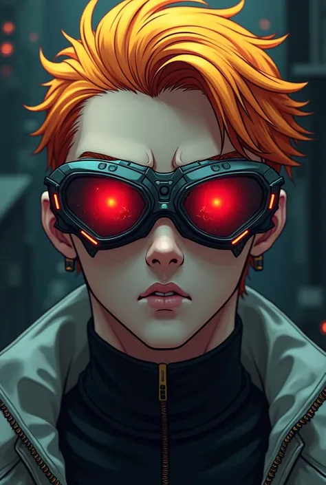 cyberpunk style robotic man face only face with robotic eyeglasses and anime yellow orange hair red eyes human MAN not woman male