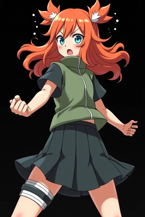 (photonaruto:2.3), Female Character from Naruto, Age: .  full body . Designed with the features of the anime Naruto . Height: 1,60 m,  Weight: 50 kg, hair: fire-colored plates with two white highlights on the front. loose hair. Light blue-green eyes. fight...