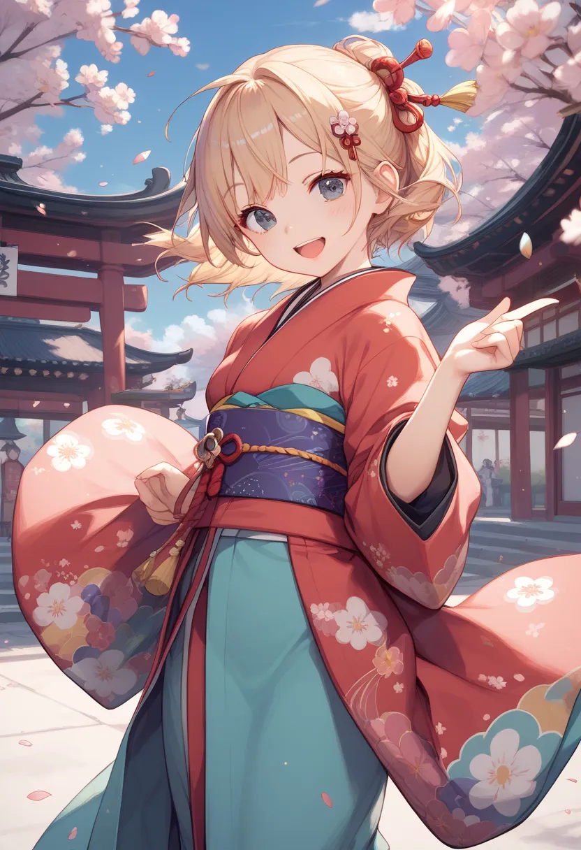 masterpiece, best quality, score_9, score_8_up, girl, petite, smile, open mouth, cowboy shot, kimono,