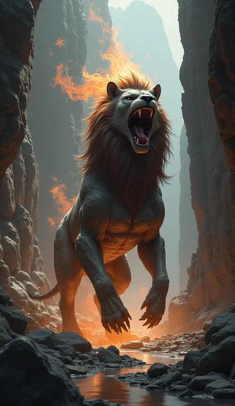 " A Greek mythological monster called Chimera appears in the middle of a rocky gorge.  Your lions head lets out a powerful roar ,  as the serpents tail rises ready to attack . Flames come out of her mouth , illuminating the dark scenery ,  with broken ston...