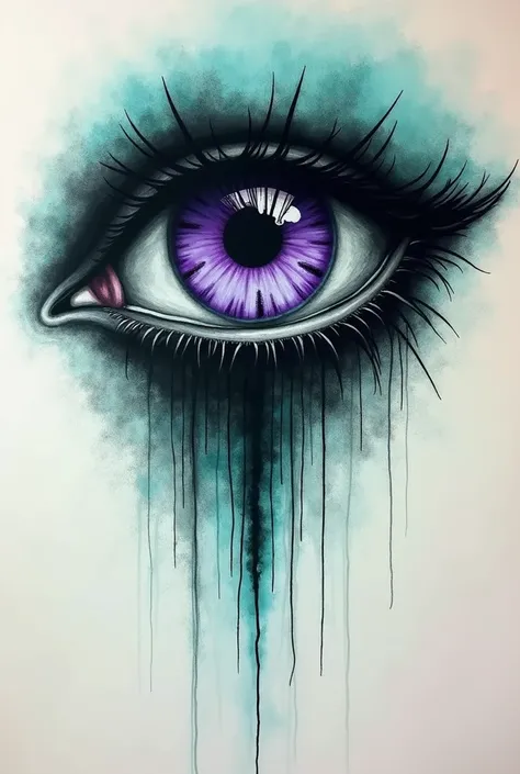 **Surreal charcoal sketch of a violet human eye. Use smudged charcoal strokes to create a dreamlike and slightly eerie atmosphere. Incorporate melted prehistoric animal silhouettes, distorted figures, and/or impossible landscapes. Use shades of teal and tu...