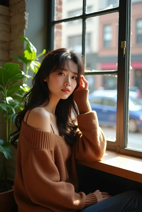 Set in a trendy urban café filled with lush plants and industrial decor, the Korean woman leans casually against a large window, with the bustling city streets visible behind her. The warm afternoon light casts a soft glow, highlighting her wavy dark brown...