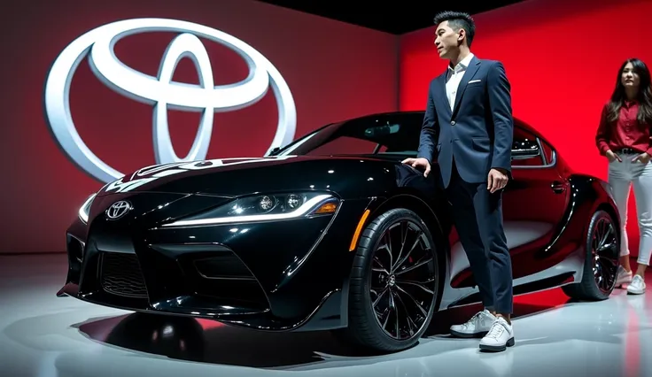  
A sleek, (  black color )(  2025 ).toyota celica sporta  ) Carry Dhaba  is being unveiled at a grand event. A corean man in a bulo  suit is pulling a red  and white cloth off the car, while a stylish corean woman in a red  shirt with  white jeens and whi...