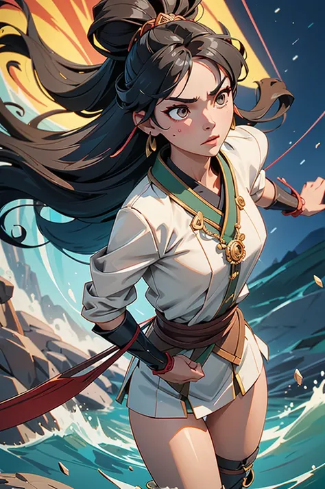 "Depict Kushinadahime, a 20-year-old princess, in a powerful and determined stance, as she draws her traditional yumi (Japanese longbow) with unwavering focus. Her face, mature and striking, exudes a sense of quiet strength and unyielding resolve. Her shar...