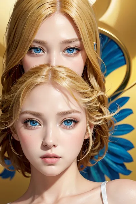 [art, ultra graphic, detailed image, 4k, 32k] image focused on the characters face, character looking at the viewer, a maiden, golden hair and deep blue eyes, full lips and incredibly beautiful face, confident expression on the face, detailed eyes