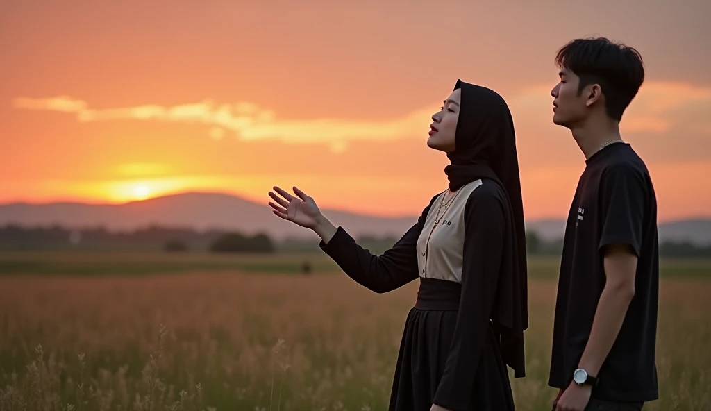 prompt:

 A young Korean woman in a beautiful hijab stands alone in the middle of a vast meadow ,  surrounded by stunning natural scenery against the backdrop of a sunset emitting orange, pink, purple.  The black hijab she wears flutters gently in the twil...