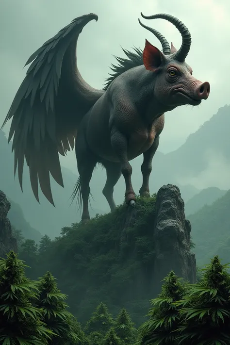 Create the image of a super macabre pig is creepy with horns sticking out of its head and the body of a horse with wings and dark skin on top of a mountain in the forest surrounded by marijuana plantations