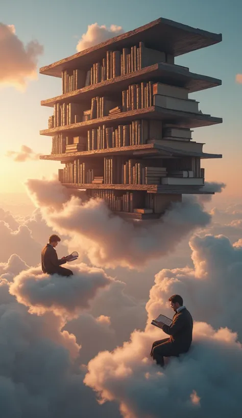 Create a hyper-realistic, 4k, detail, masterpiece image. In a clear sky at dusk, a mystical library floats among the clouds. The old wooden shelves seem to levitate in the air, supported by barely visible wind currents. Each shelf is filled with old books,...