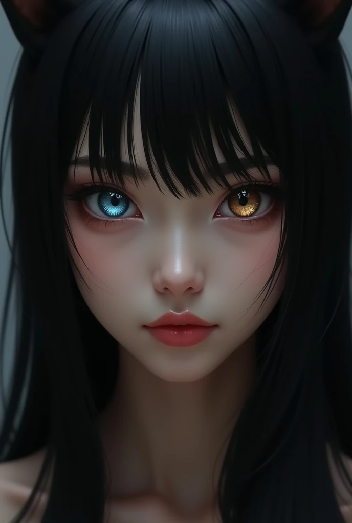  Asian woman with cat pupils where one eye is blue and the other is Hazel. She has long straight black hair and her eyes are striking and intense  