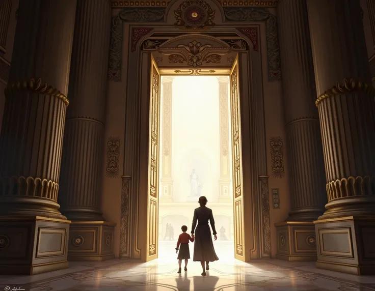 GUARDS push open the big doors of the grand assembly hall,
 as Iris strides through. Kai is close behind