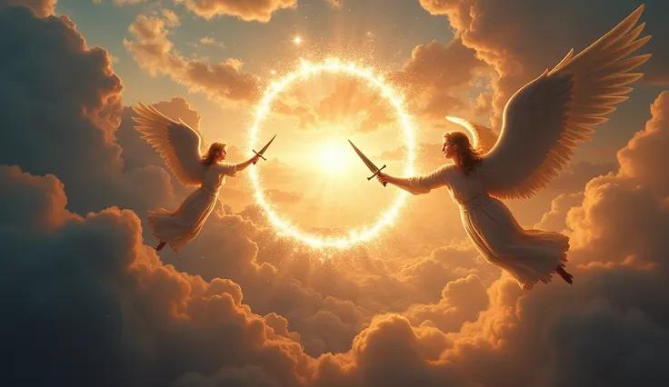 "Angels flying in circles ,  fighting fiercely in the sky .  Heavenly swords collide ,  creating sparks of light and darkness . On the horizon,  the separation between heaven and hell is visible ,  with angels of light trying to contain the force of fallen...