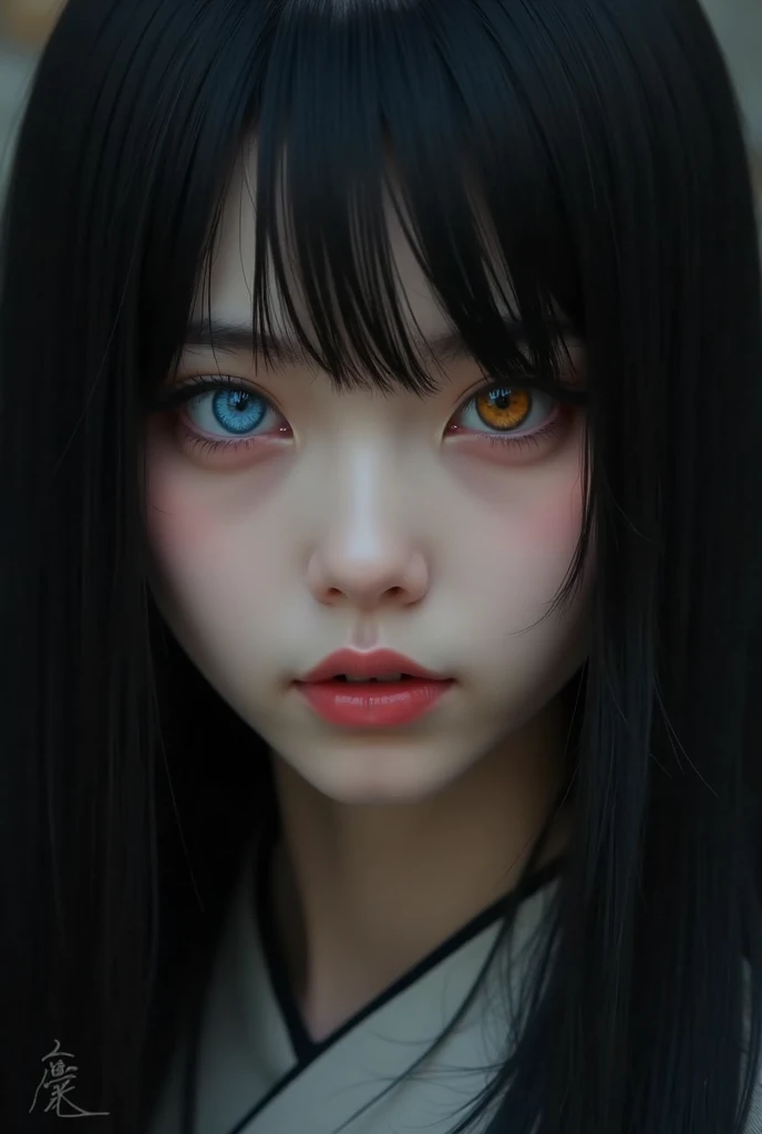  Asian woman with cat pupils where one eye is blue and the other is Hazel. She has long straight black hair and her eyes are striking and intense  